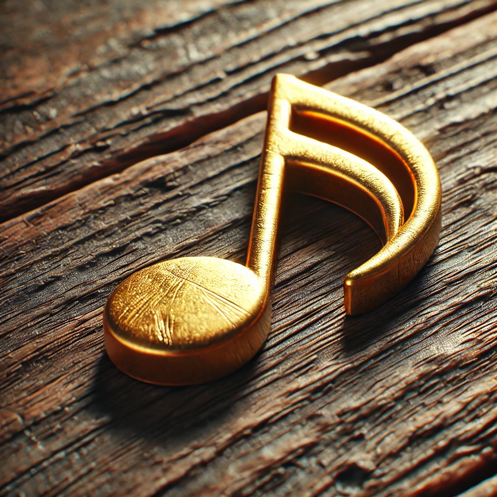 A golden musical note with a vibrant and glossy finish resting on a rustic wooden tabl