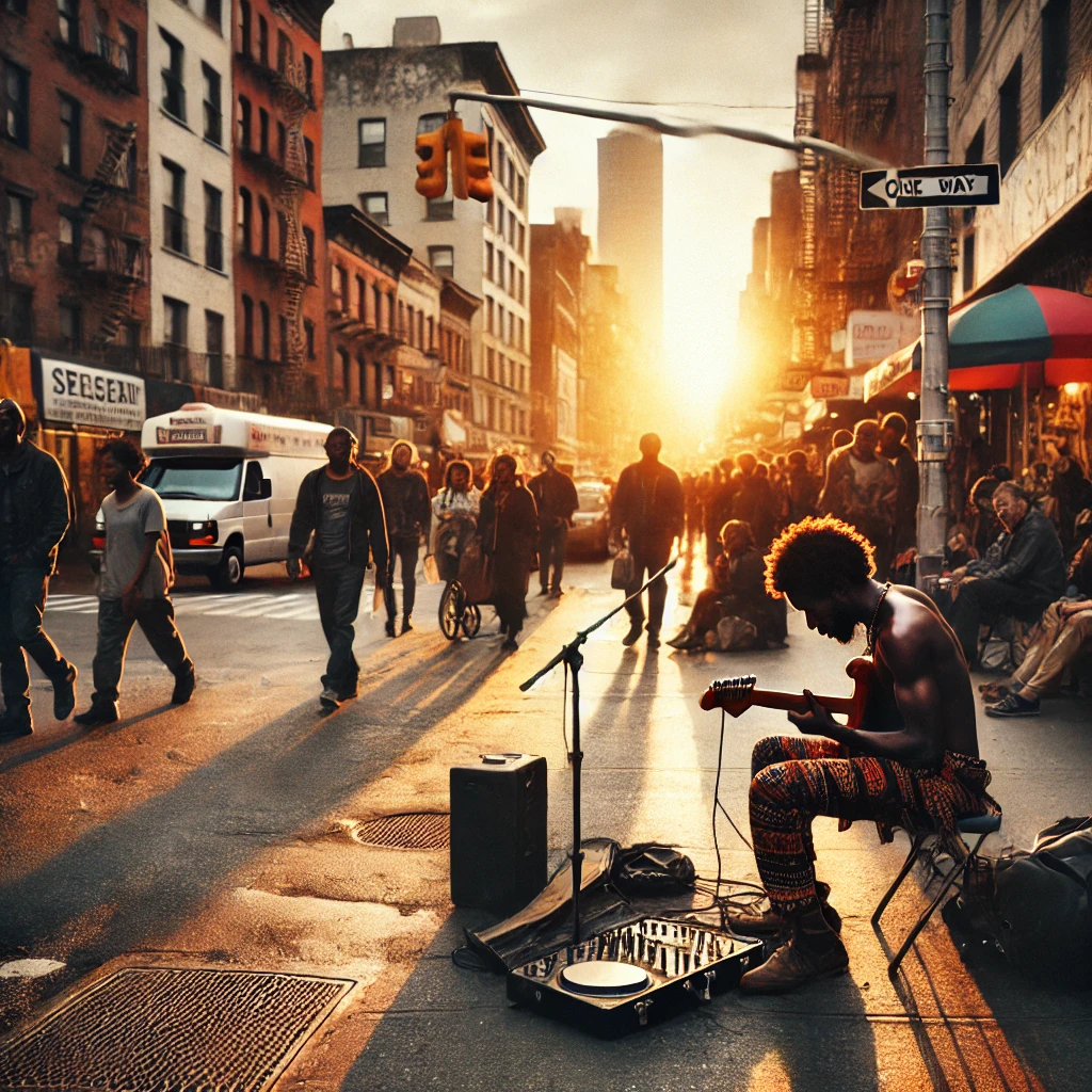 An Afrobeat musician passionately performing on a busy city sidewalk during the late afternoon.