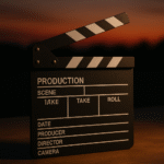 Film clapperboard against a sunset backdrop.