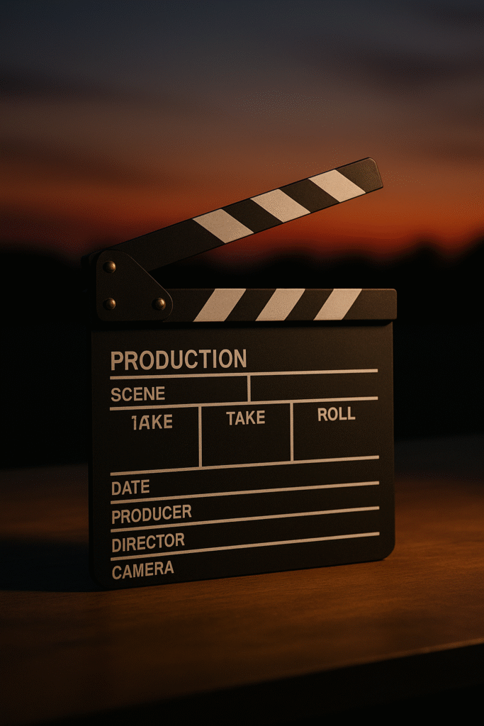 Film clapperboard against a sunset backdrop.