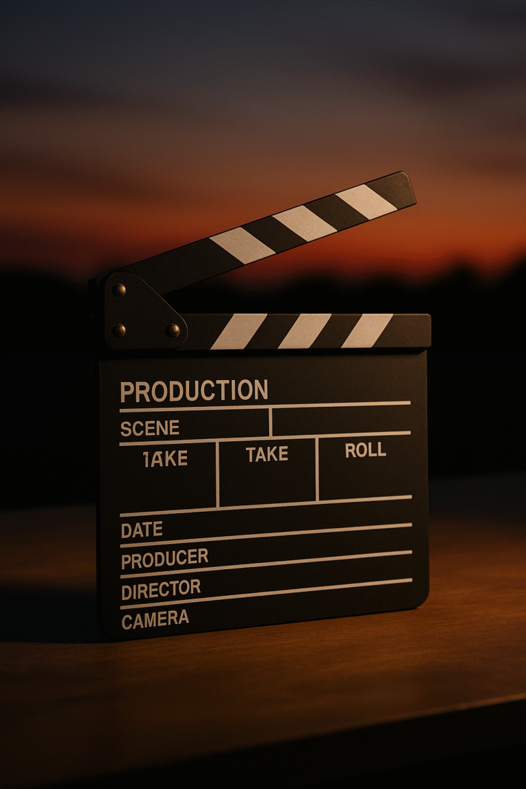 Film clapperboard against a sunset backdrop.
