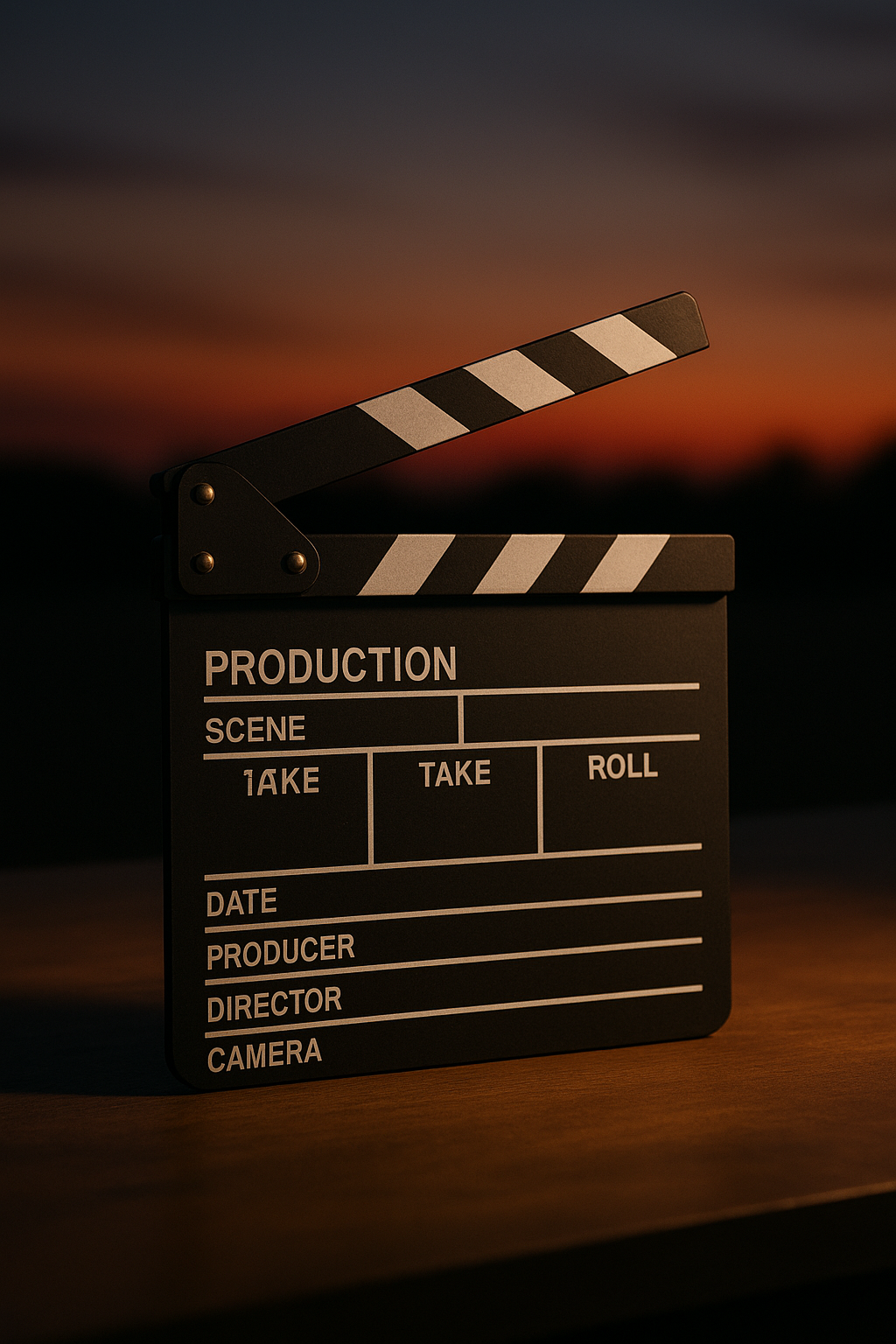 Film clapperboard against a sunset backdrop.