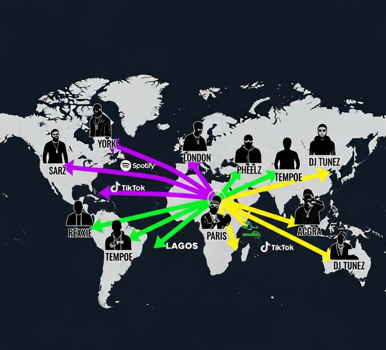 Map showing global music connections and artists.