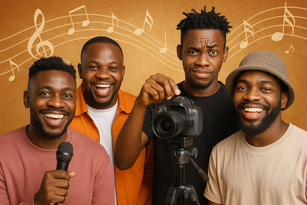 Four friends enjoying music and photography together.